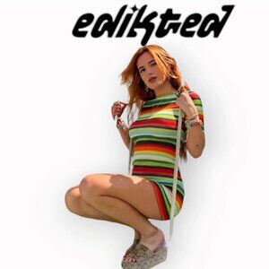 Edikted women's short sleeved rainbow striped scoopneck crochet dress size S